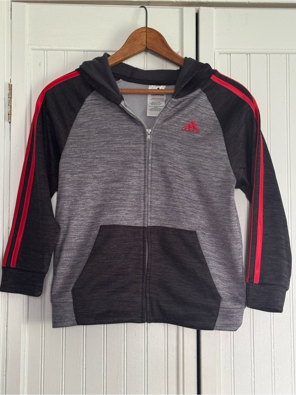 adidas Gray & Black Kids Hooded Zip Jacket with Red Stripe Accents